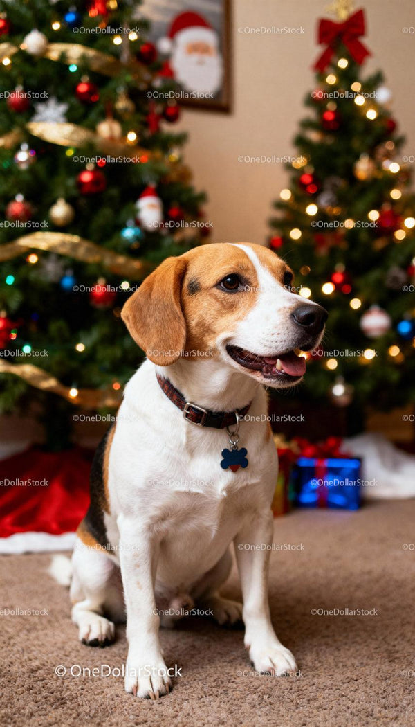Beagle szczęśliwie siedzący przy udekorowanych choinkach
