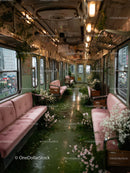 Vintage Abandoned Train Car Interior Overgrown with Flowers and Greenery