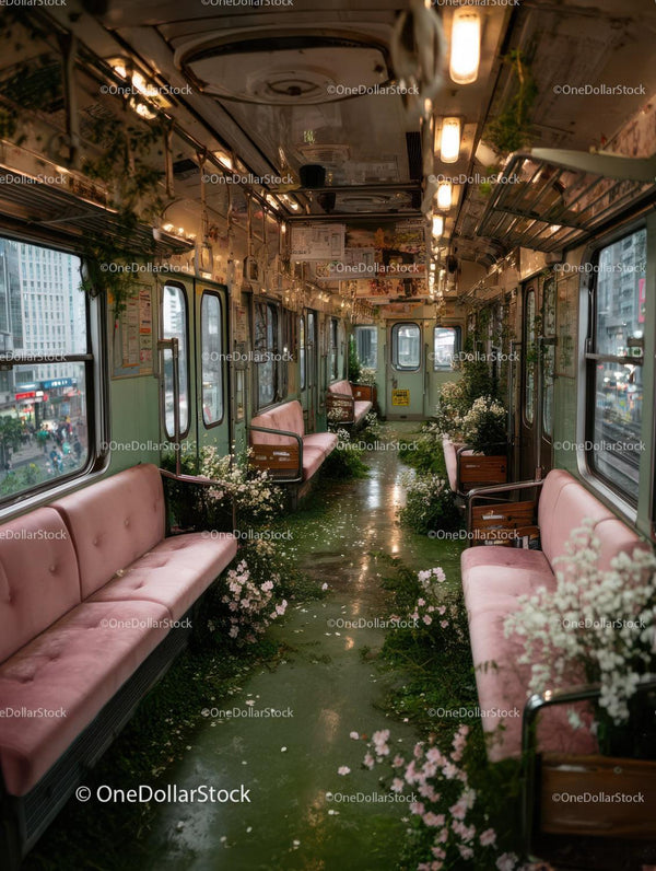 Vintage Abandoned Train Car Interior Overgrown with Flowers and Greenery