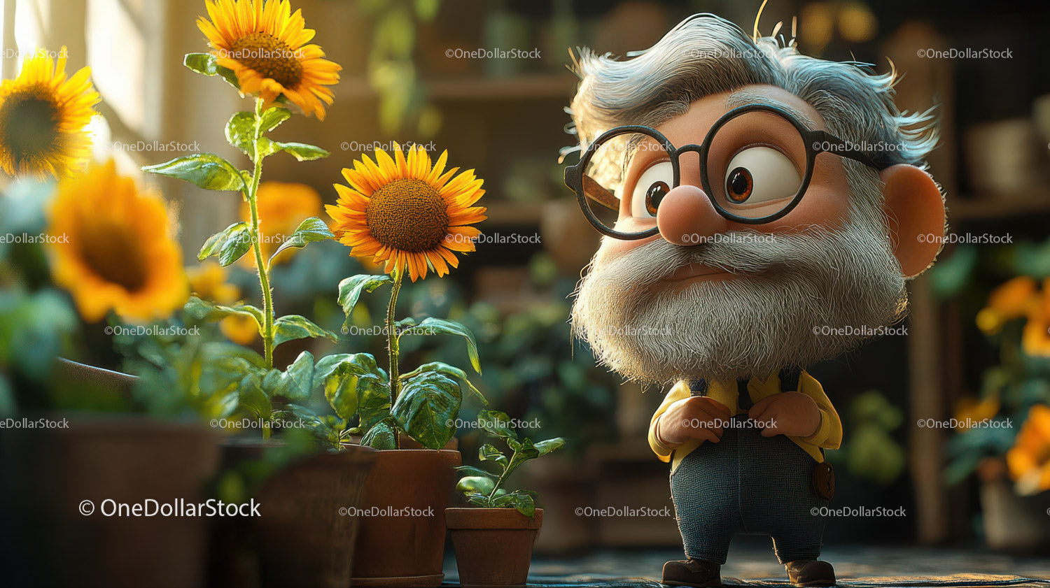 Joyful Old Man Character Among Sunflower Plants in Garden