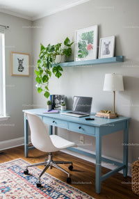 Stylish Modern Home Office with Blue Desk and Green Plant Decor