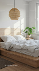 Cozy wooden bed with white bedding and green plant