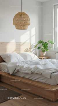 Cozy wooden bed with white bedding and green plant