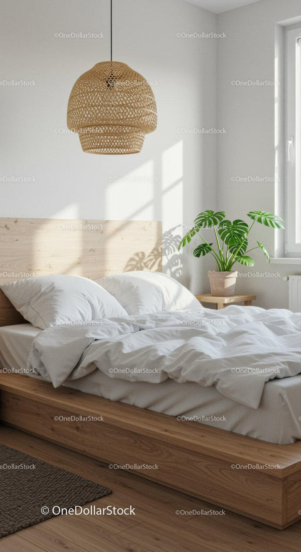 Cozy wooden bed with white bedding and green plant