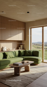 Cozy modern living room with green sofa and natural light