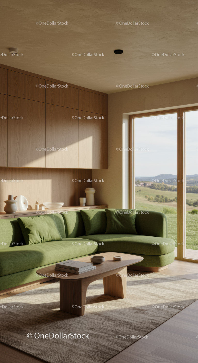 Cozy modern living room with green sofa and natural light