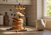 Stack of fluffy pancakes with blueberries and syrup drizzle