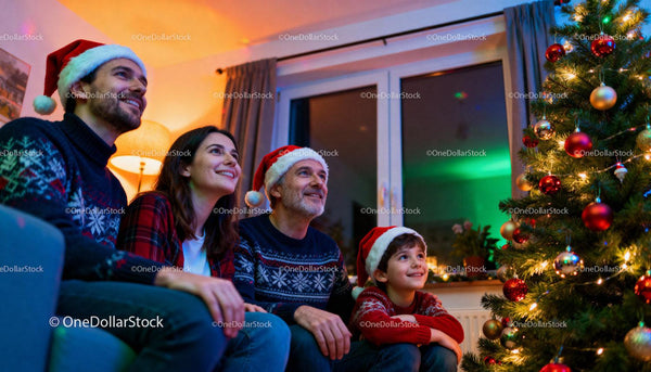 Family enjoying cozy Christmas Eve by decorated tree