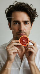 Young Man with Blood Orange Slice in a Modern Indoor Portrait