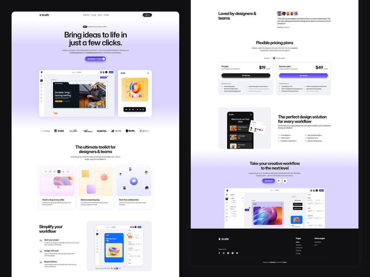 Draftr Framer template website sections preview