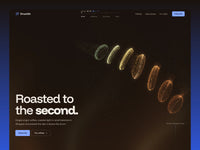 Drumlin coffee roaster template hero on dark roast brown: an arc of glowing particle coffee beans shading from green to dark roast, the headline Roasted to the second, a roast log in the header and a blue Subscribe button