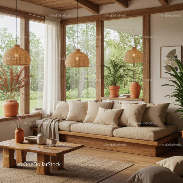 Cozy modern living room with natural wood and plants