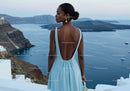 Woman in Light Blue Dress Overlooking Ocean View