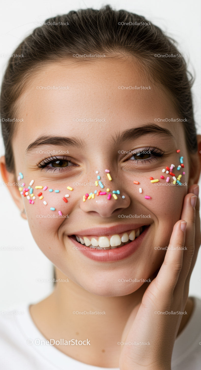 Portrait of a Smiling Girl with Colorful Sprinkles on Face for Celebrations