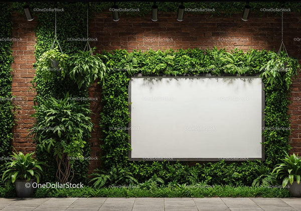 Blank white billboard surrounded by green foliage on brick wall JPG Mockup Image