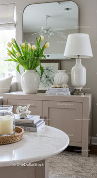 Bright Living Room Decor with White Vases and Fresh Tulips