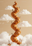 Tiny figures climbing towering spiral croissants in clouds