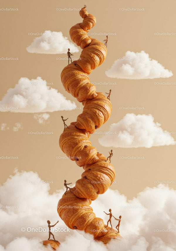 Tiny figures climbing towering spiral croissants in clouds