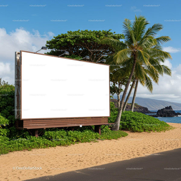 Blank billboard on tropical beach with palm trees and ocean JPG Mockup Image