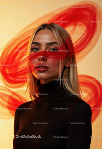 Creative Artistic Makeup Portrait with Red Face Paint and Blonde Hair