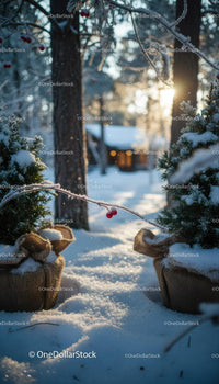 Frosty morning path between snow-covered evergreen trees