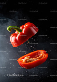 Fresh red bell pepper split with seeds in air