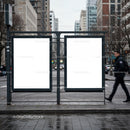 Empty urban billboard panels on city street crossing