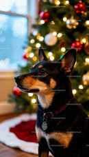 Alert dog sitting near cozy decorated Christmas tree
