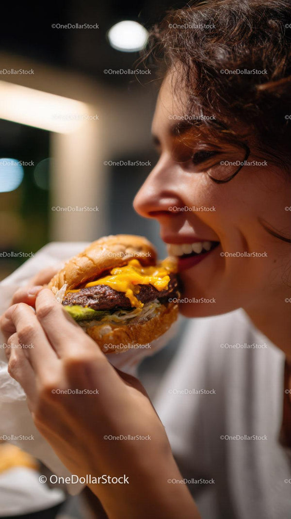 Close-up of Woman Eating Juicy Cheeseburger in Urban Setting