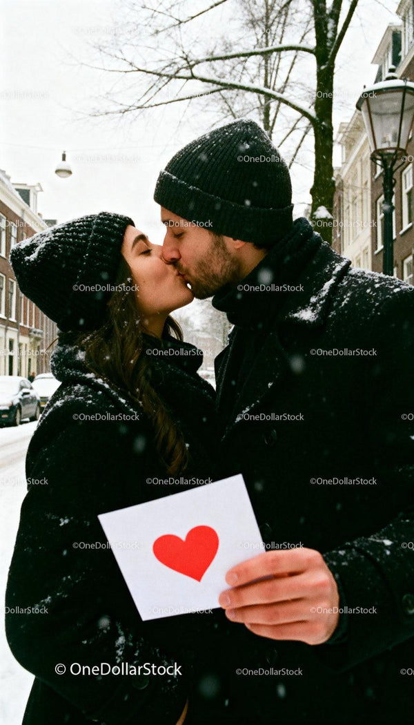 Couple sharing a kiss on snowy winter street with heart card