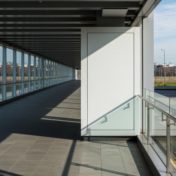 Modern corridor with glass walls and natural light shadows JPG Mockup Image