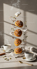 Steaming black coffee with floating cinnamon rolls and spices
