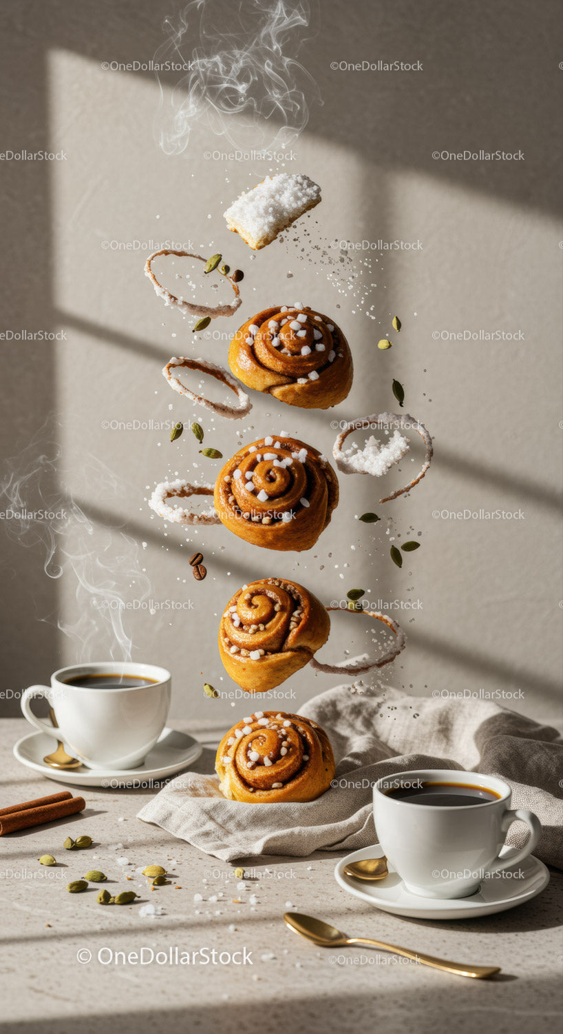 Steaming black coffee with floating cinnamon rolls and spices