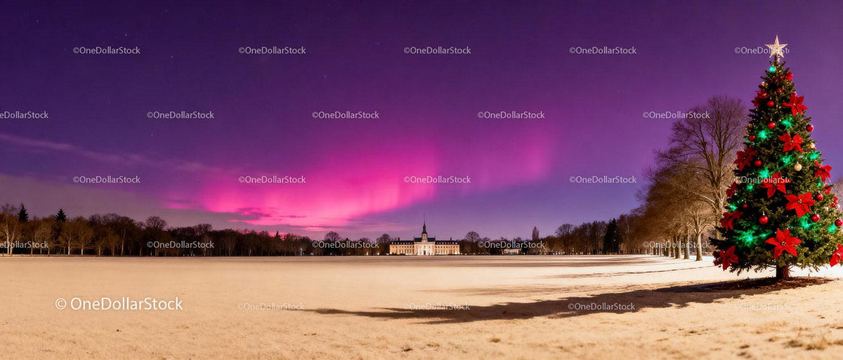 Christmas tree and castle under glowing northern lights