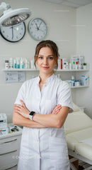 Female Healthcare Professional Standing in Medical Clinic with Medical Supplies