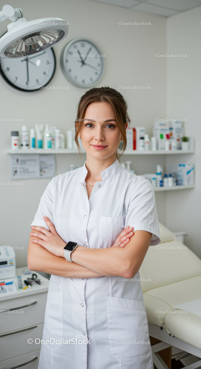 Female Healthcare Professional Standing in Medical Clinic with Medical Supplies