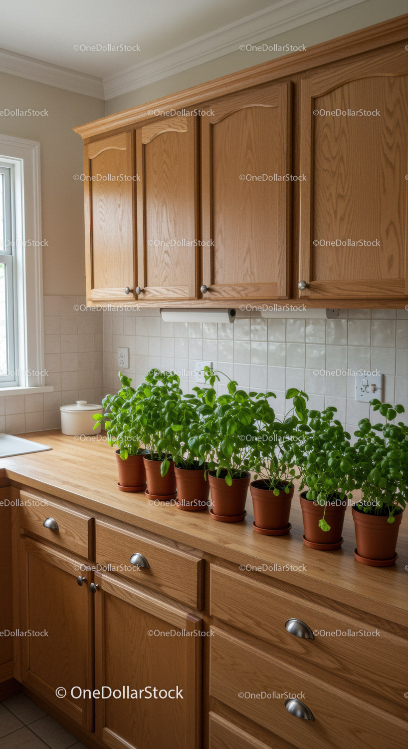 Wooden Kitchen Cabinets with Houseplants on Countertop