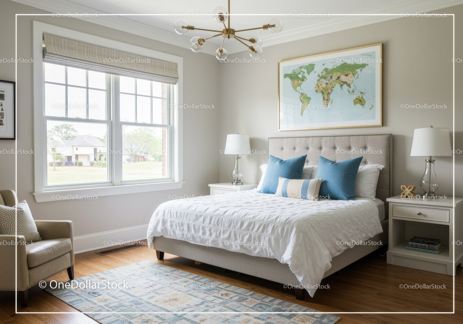 Bright Cozy Bedroom with World Map Wall Art and Natural Light