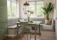Bright Cozy Kitchen Nook with Green Table and Indoor Plants