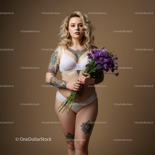 Elegant Woman with Tattoos Holding Purple Flowers in Studio
