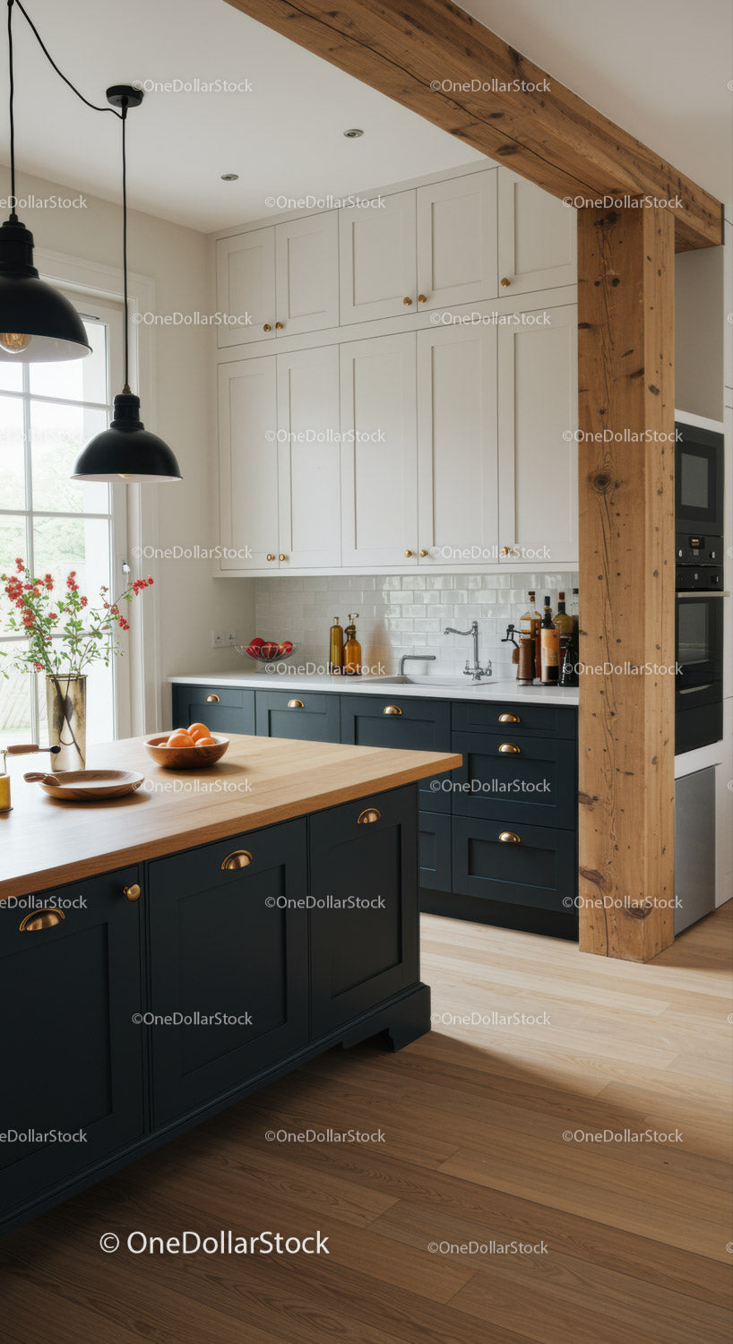 Modern Kitchen with Wooden Island and Natural Light