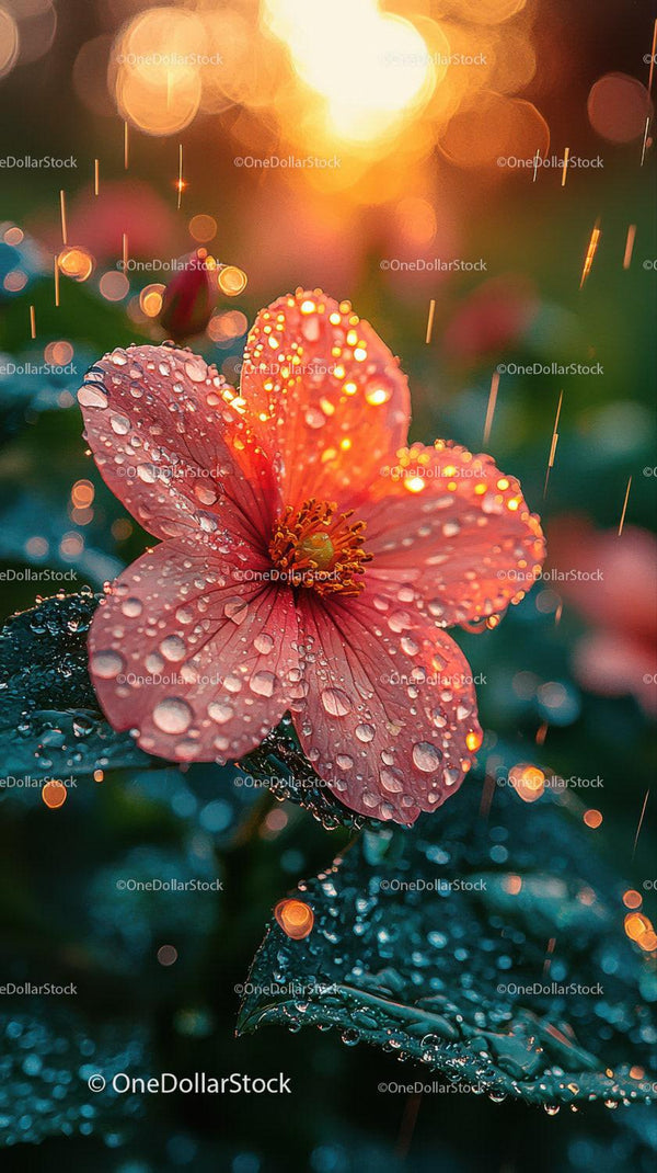 Zbliżenie na Różowy Hibiskus Pokryty Kroplami Rosy z Promieniami Słońca