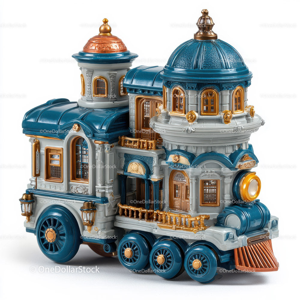 Elegant Blue and White Toy Train with Gold Accents and Ornate Details