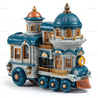 Elegant Blue and White Toy Train with Gold Accents and Ornate Details