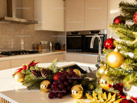 Festive Christmas decorations on modern white kitchen island