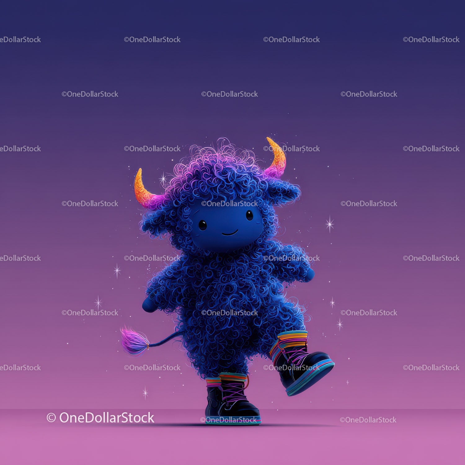 Colorful Furry Mascot with Rainbow Horns Wearing Boots and Smiling