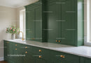 Elegant Green Kitchen Cabinets with Marble Countertop and Brass Hardware