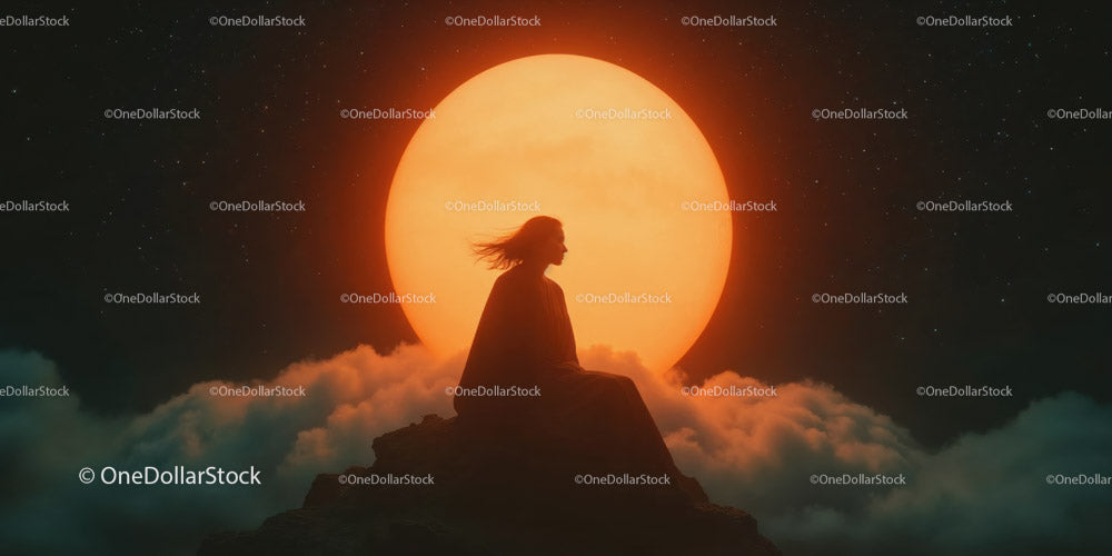 Silhouette of Woman Sitting on Rock by a Large Glowing Sunset