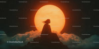 Silhouette of Woman Sitting on Rock by a Large Glowing Sunset