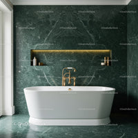 Elegant Green Marble Bathroom with Freestanding White Bathtub and Gold Fixtures